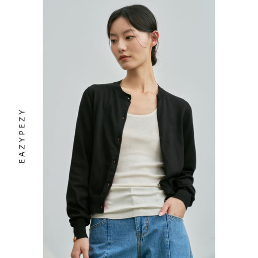 意大利纯棉圆领内撞色开衫 商品图2