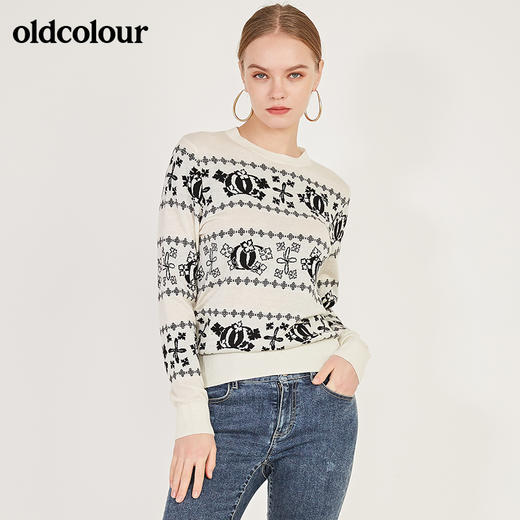 oldcolour春季新款圆领百搭内搭印花气质套头针织衫女N11052160 商品图5