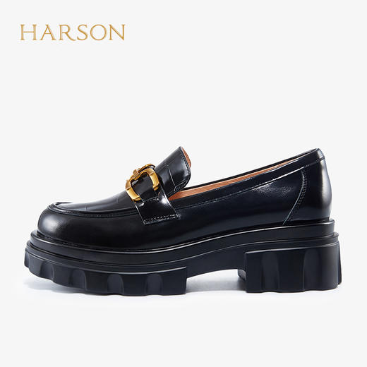 哈森女鞋2022春季新款休闲方跟圆头乐福鞋厚底深口饰扣女单鞋HS220623 商品图1