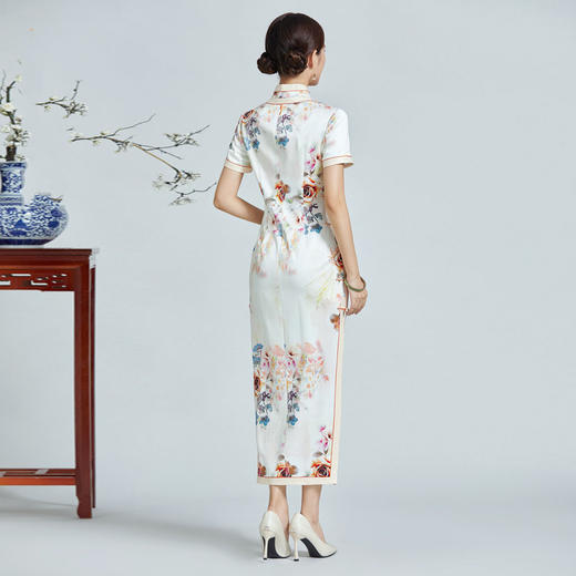 富贵花开，真丝长款手工盘扣旗袍裙宴会礼服QC1698259 商品图4