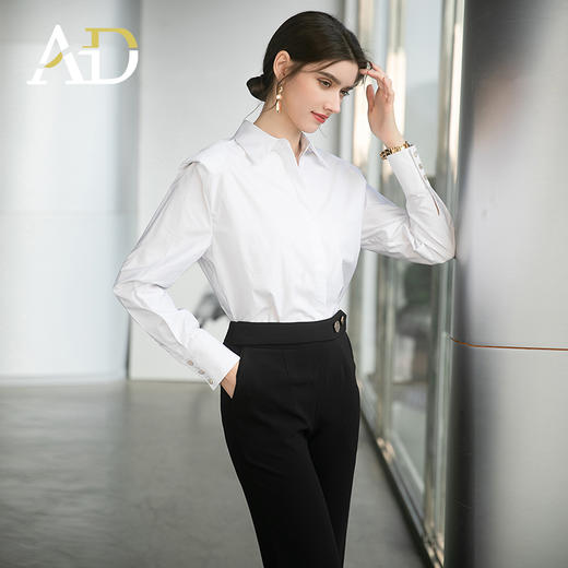 AD高端职业套装衬衫女设计感小众垫肩白衬衣时尚两件套黑色西装裤 商品图3