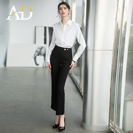 AD高端职业套装衬衫女设计感小众垫肩白衬衣时尚两件套黑色西装裤 商品图0