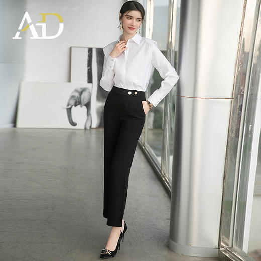 AD高端职业套装衬衫女设计感小众垫肩白衬衣时尚两件套黑色西装裤 商品图1