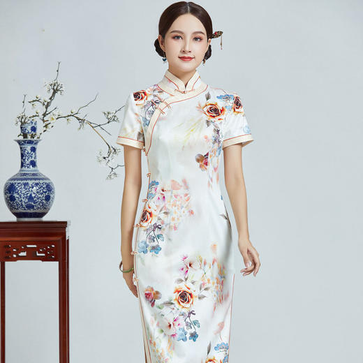 富贵花开，真丝长款手工盘扣旗袍裙宴会礼服QC1698259 商品图1