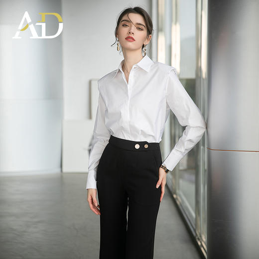 AD高端职业套装衬衫女设计感小众垫肩白衬衣时尚两件套黑色西装裤 商品图2