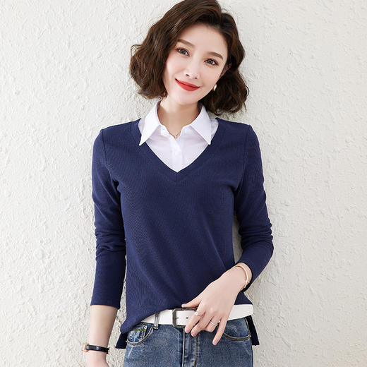 假两件衬衫领t恤女长袖2022春装有领内搭打底衫翻领t桖Polo衫上衣 QB-LL89029 商品图1
