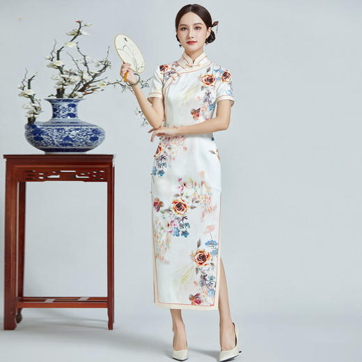 富贵花开，真丝长款手工盘扣旗袍裙宴会礼服QC1698259 商品图2