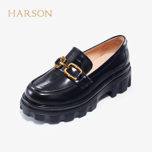 哈森女鞋2022春季新款休闲方跟圆头乐福鞋厚底深口饰扣女单鞋HS220623 商品图0