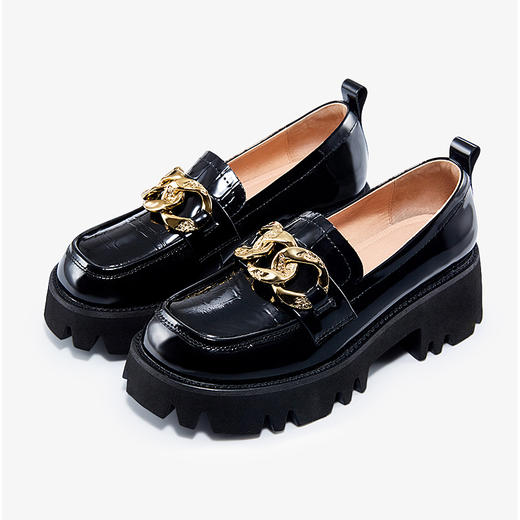 哈森女鞋2022春季新款休闲粗跟圆头乐福鞋简约饰扣深口女单鞋HS220601 商品图1