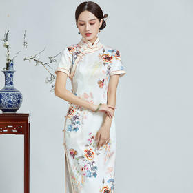 富贵花开，真丝长款手工盘扣旗袍裙宴会礼服QC1698259