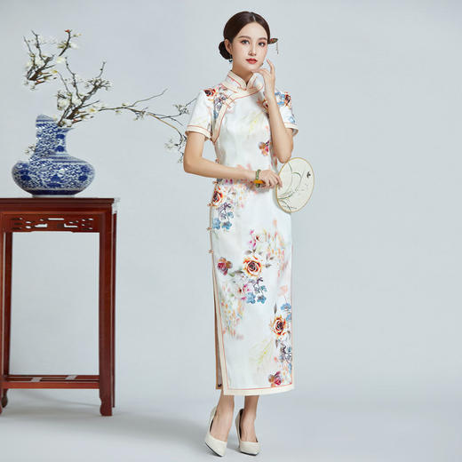 富贵花开，真丝长款手工盘扣旗袍裙宴会礼服QC1698259 商品图3