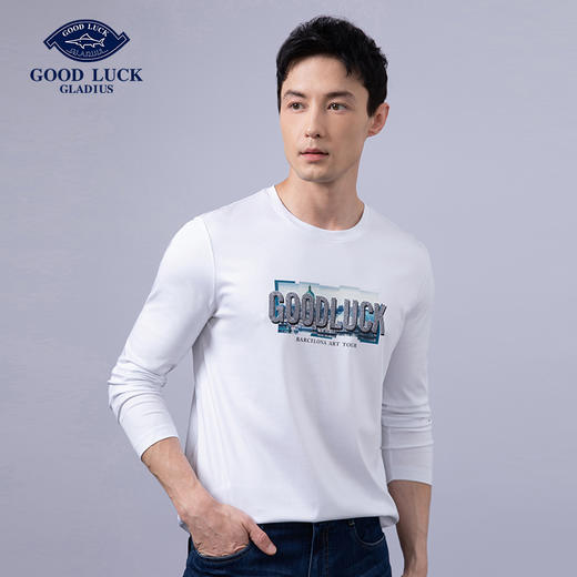 GOOD LUCK/德鲨100%棉亲肤舒适前胸烫钻工艺圆领长袖T恤LY12202-818 商品图1