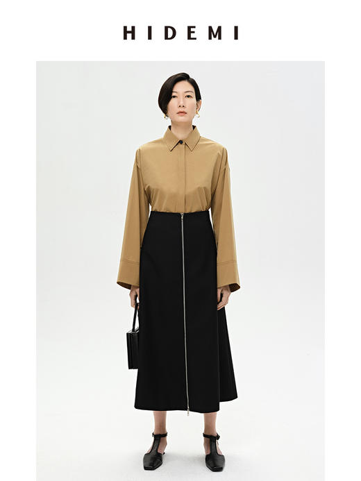 HIDEMI 简约A型伞状拉链式半身裙 黑色/卡其色 商品图9