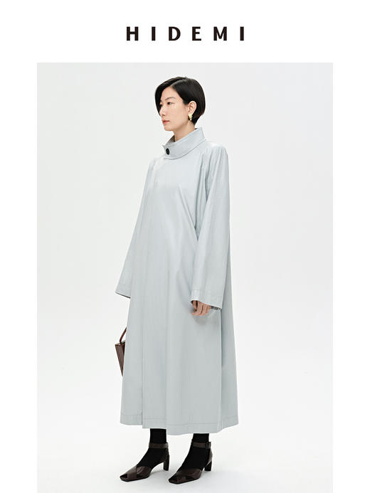 HIDEMI 婴儿蓝褶皱PU环保皮小立领廓形大风衣 商品图8