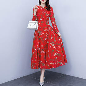 2022新款大摆长袖雪纺连衣裙女长款收腰气质裙子显瘦长裙 YX8139