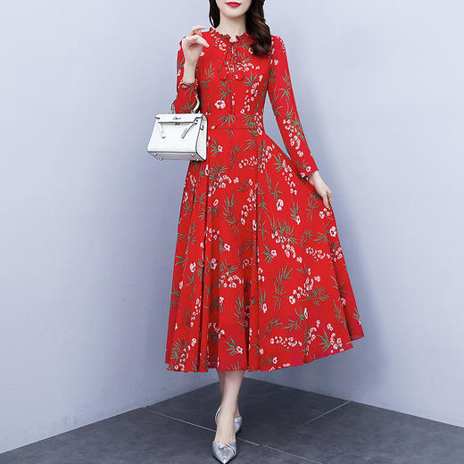 2022新款大摆长袖雪纺连衣裙女长款收腰气质裙子显瘦长裙 YX8139 商品图0