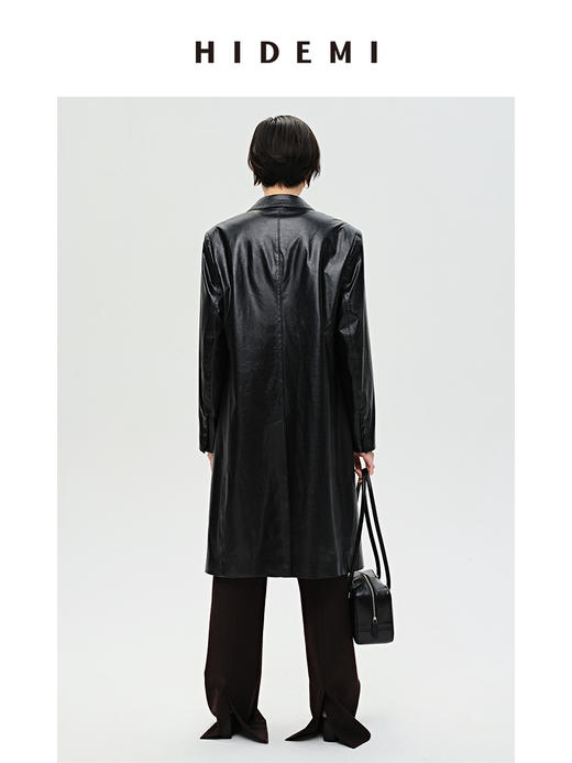 HIDEMI 黑色褶皱PU环保皮长款西装风衣皮衣 商品图8