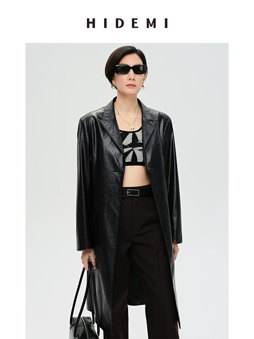 HIDEMI 黑色褶皱PU环保皮长款西装风衣皮衣 商品图6