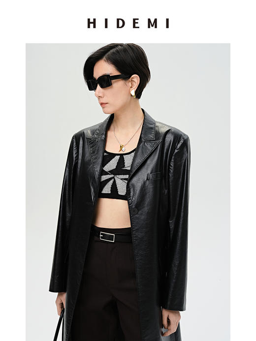 HIDEMI 黑色褶皱PU环保皮长款西装风衣皮衣 商品图7