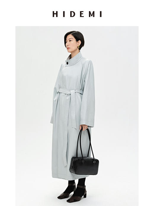HIDEMI 婴儿蓝褶皱PU环保皮小立领廓形大风衣 商品图4