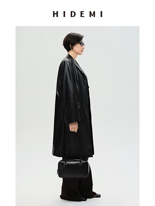 HIDEMI 黑色褶皱PU环保皮长款西装风衣皮衣 商品图4