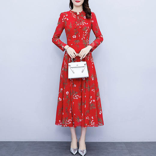 2022新款大摆长袖雪纺连衣裙女长款收腰气质裙子显瘦长裙 YX8139 商品图4