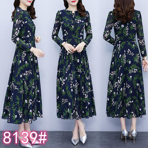 2022新款大摆长袖雪纺连衣裙女长款收腰气质裙子显瘦长裙 YX8139 商品图1