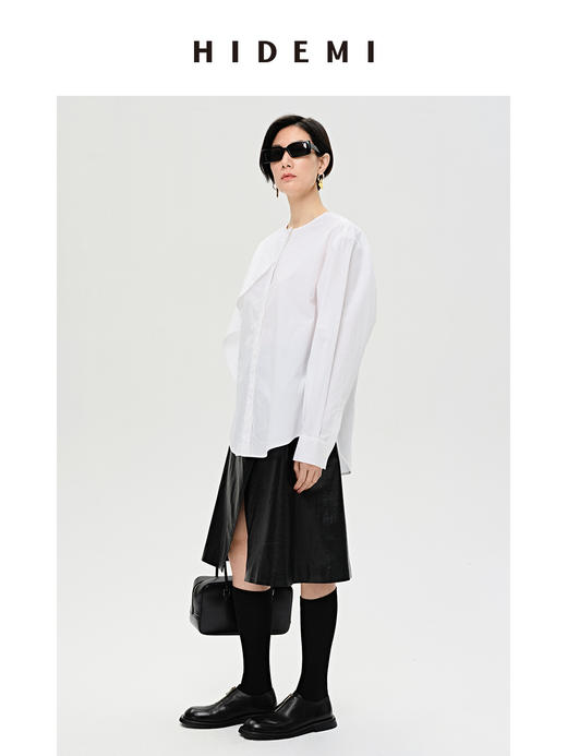 HIDEMI 不对称设计感白色圆领简约衬衫 商品图3
