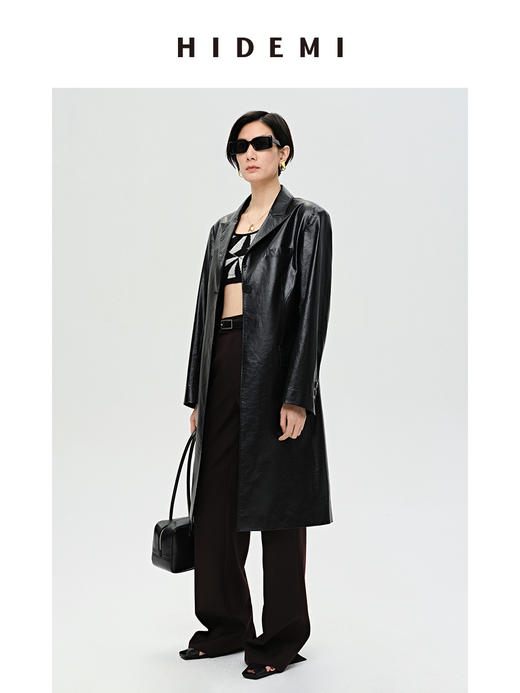 HIDEMI 黑色褶皱PU环保皮长款西装风衣皮衣 商品图5