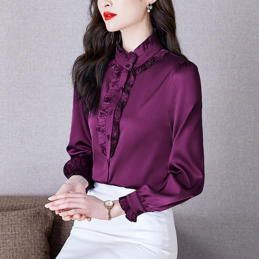 2022新款木耳领边桑蚕丝荷叶边上衣仿真丝立领衬衫女 TYL1312 商品图2