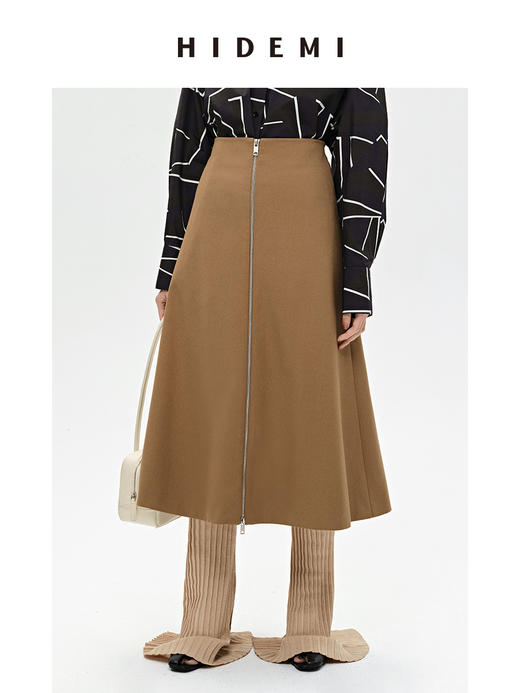 HIDEMI 简约A型伞状拉链式半身裙 黑色/卡其色 商品图5