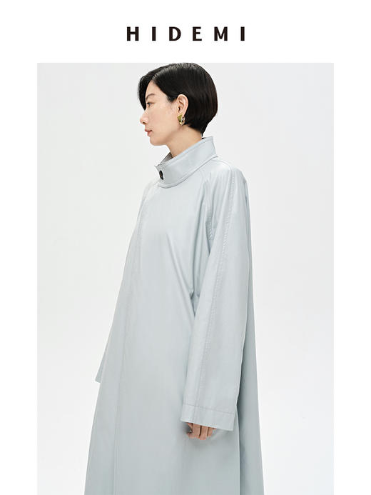 HIDEMI 婴儿蓝褶皱PU环保皮小立领廓形大风衣 商品图9