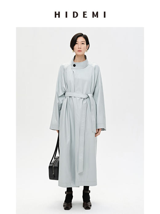 HIDEMI 婴儿蓝褶皱PU环保皮小立领廓形大风衣 商品图3