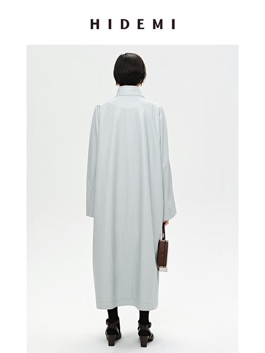 HIDEMI 婴儿蓝褶皱PU环保皮小立领廓形大风衣 商品图6