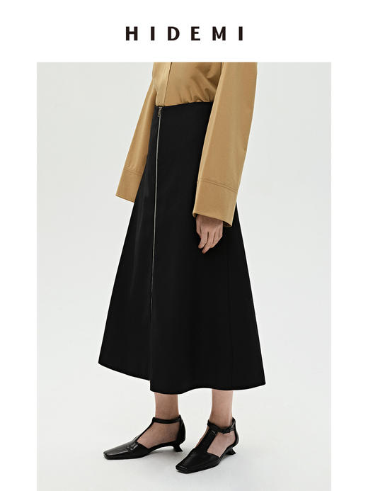 HIDEMI 简约A型伞状拉链式半身裙 黑色/卡其色 商品图10