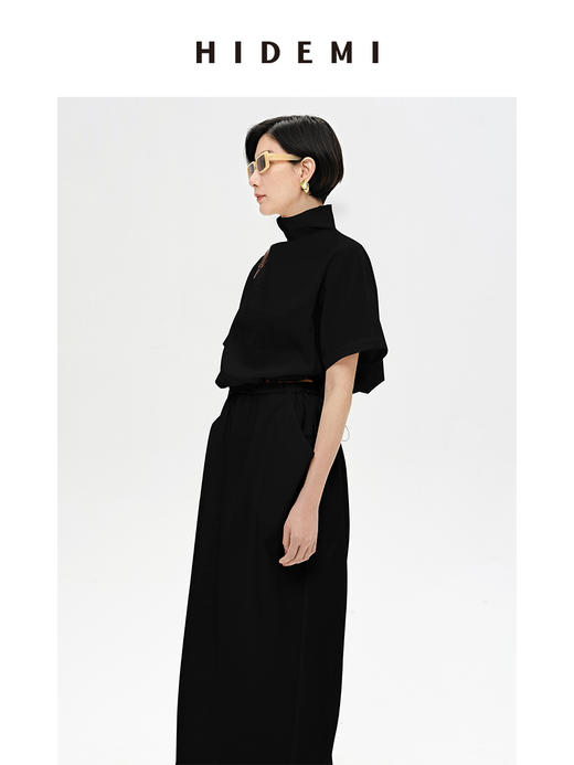 HIDEMI 简约设计感微荡立领半袖廓形套装 黑色/白色 上衣/半身裙 商品图9