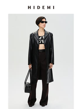 HIDEMI 黑色褶皱PU环保皮长款西装风衣皮衣