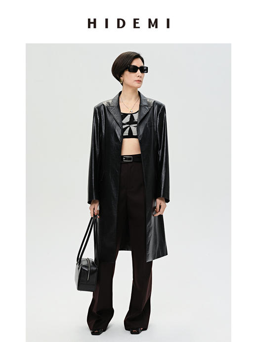HIDEMI 黑色褶皱PU环保皮长款西装风衣皮衣 商品图0