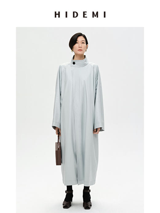 HIDEMI 婴儿蓝褶皱PU环保皮小立领廓形大风衣 商品图5