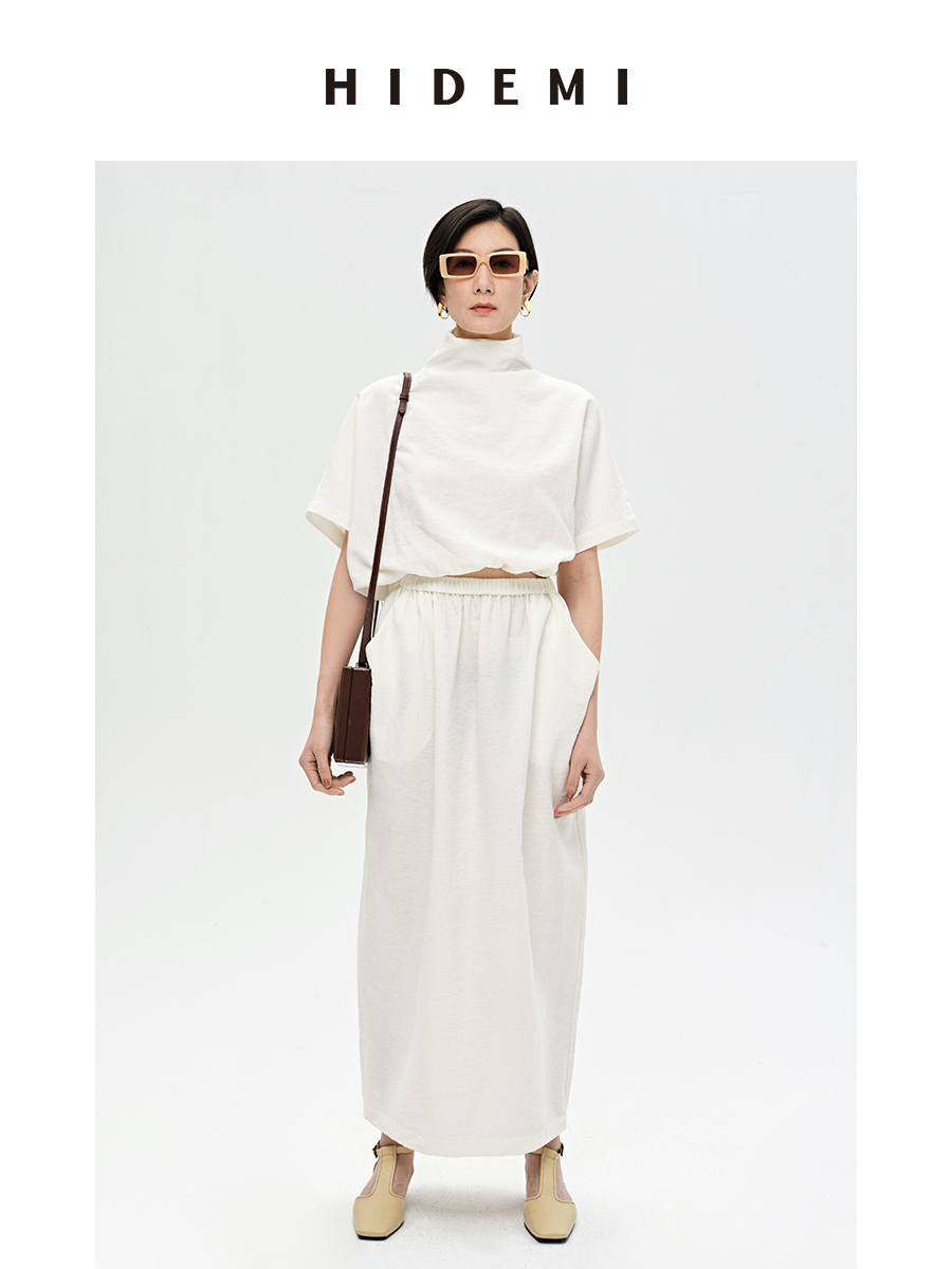 HIDEMI 简约设计感微荡立领半袖廓形套装 黑色/白色 上衣/半身裙