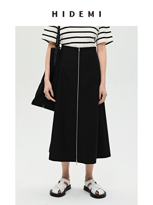 HIDEMI 简约A型伞状拉链式半身裙 黑色/卡其色 商品图11