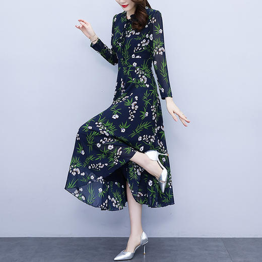 2022新款大摆长袖雪纺连衣裙女长款收腰气质裙子显瘦长裙 YX8139 商品图3