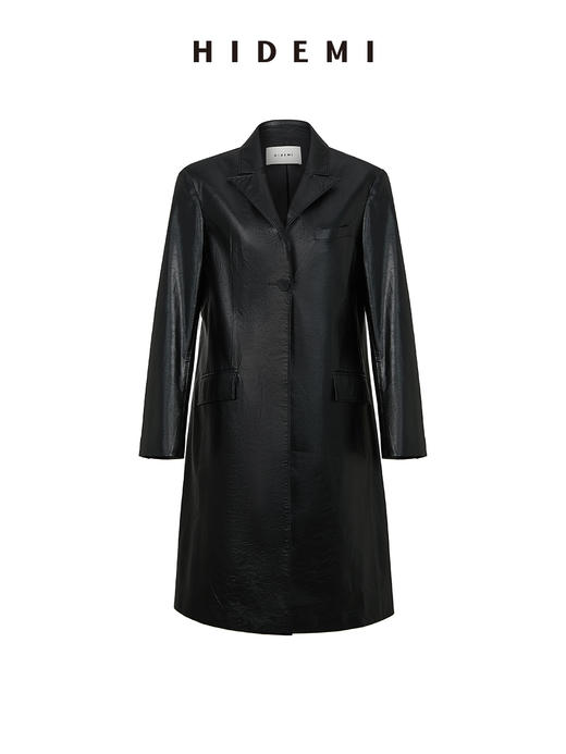 HIDEMI 黑色褶皱PU环保皮长款西装风衣皮衣 商品图9