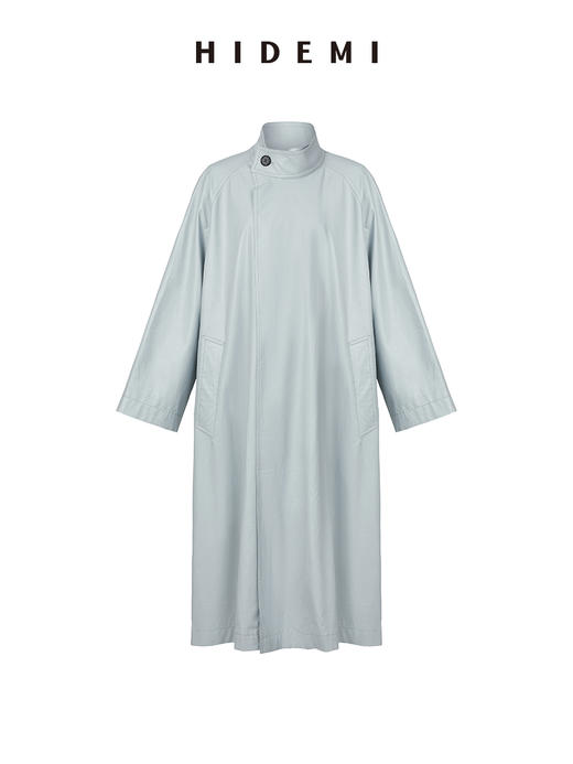 HIDEMI 婴儿蓝褶皱PU环保皮小立领廓形大风衣 商品图7