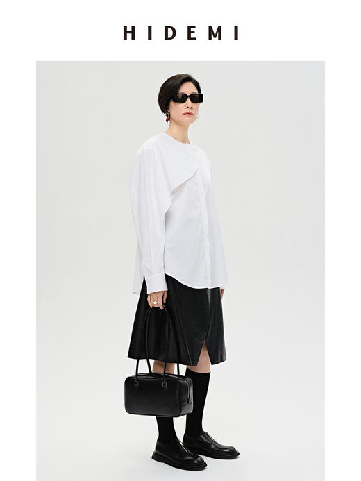 HIDEMI 不对称设计感白色圆领简约衬衫 商品图2