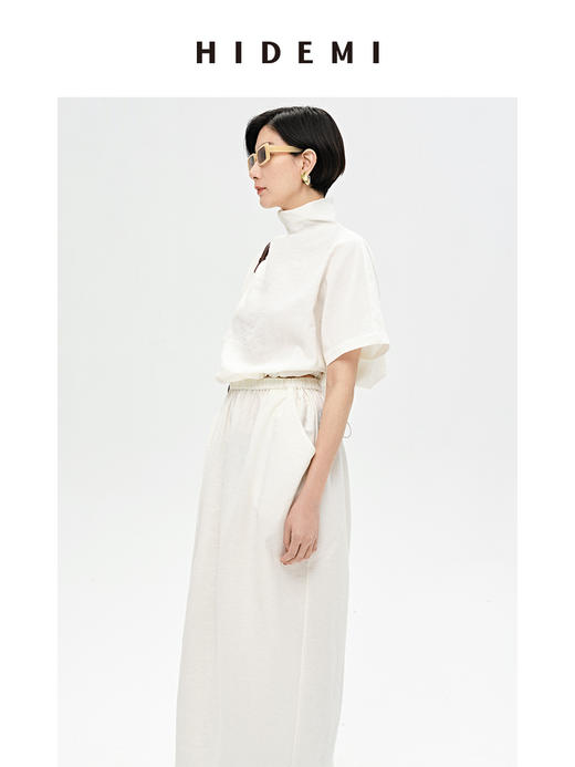 HIDEMI 简约设计感微荡立领半袖廓形套装 黑色/白色 上衣/半身裙 商品图5