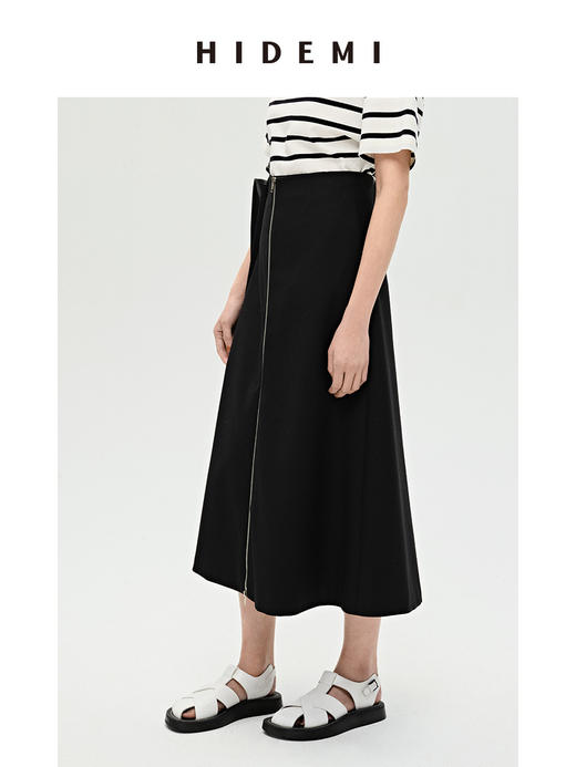 HIDEMI 简约A型伞状拉链式半身裙 黑色/卡其色 商品图13