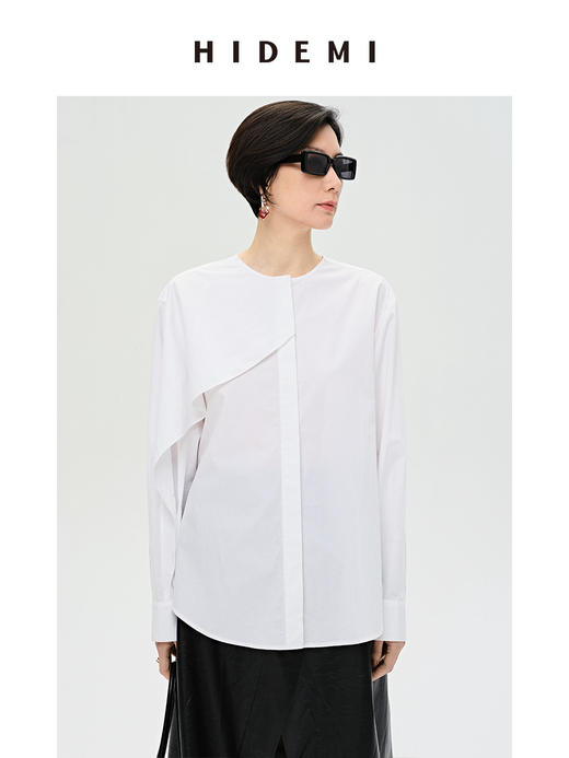 HIDEMI 不对称设计感白色圆领简约衬衫 商品图1