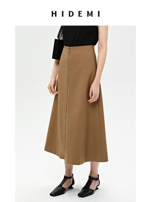 HIDEMI 简约A型伞状拉链式半身裙 黑色/卡其色 商品图2