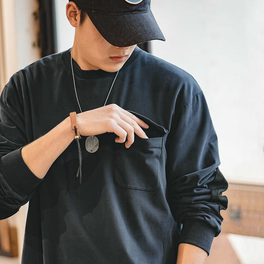 【260g纯棉 麂皮绒拼接】美式复古长袖T恤 商品图1